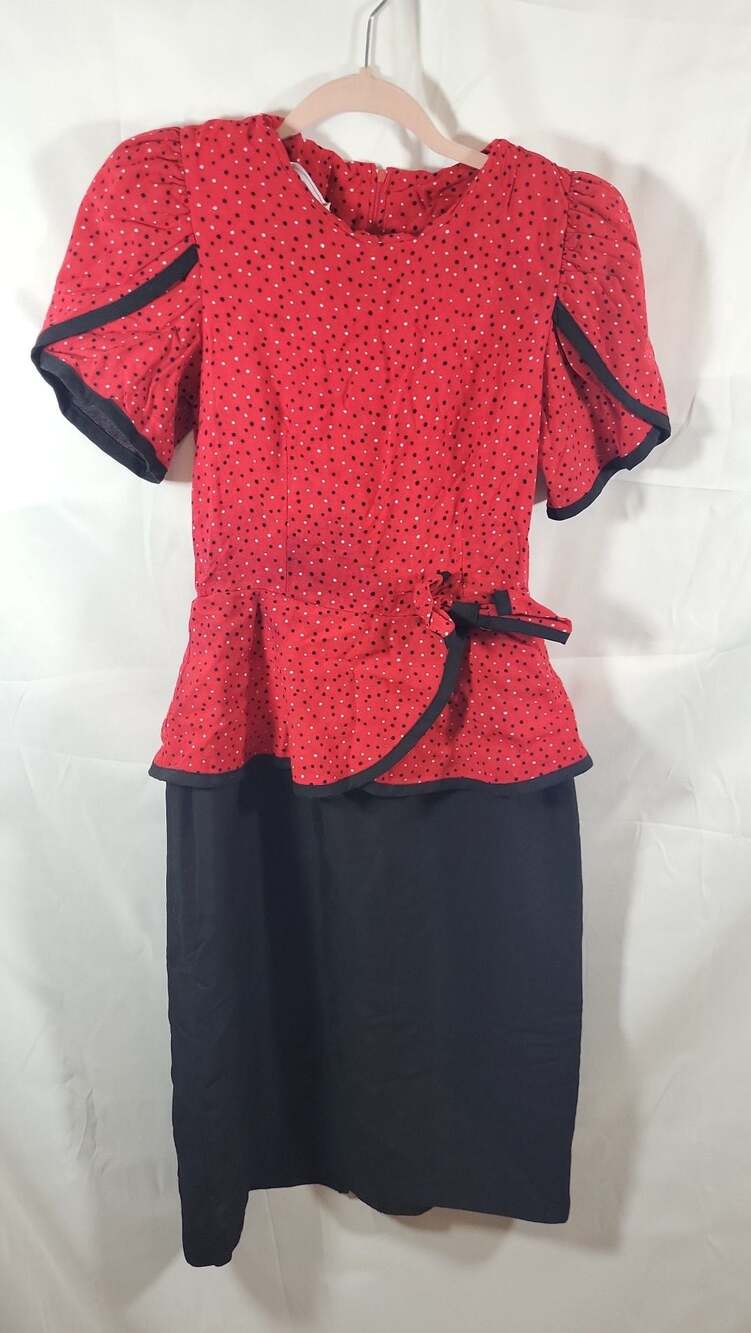 Vintage Peri Petites Red and Black Polka Dot Peplum Dress with Bow Detail
